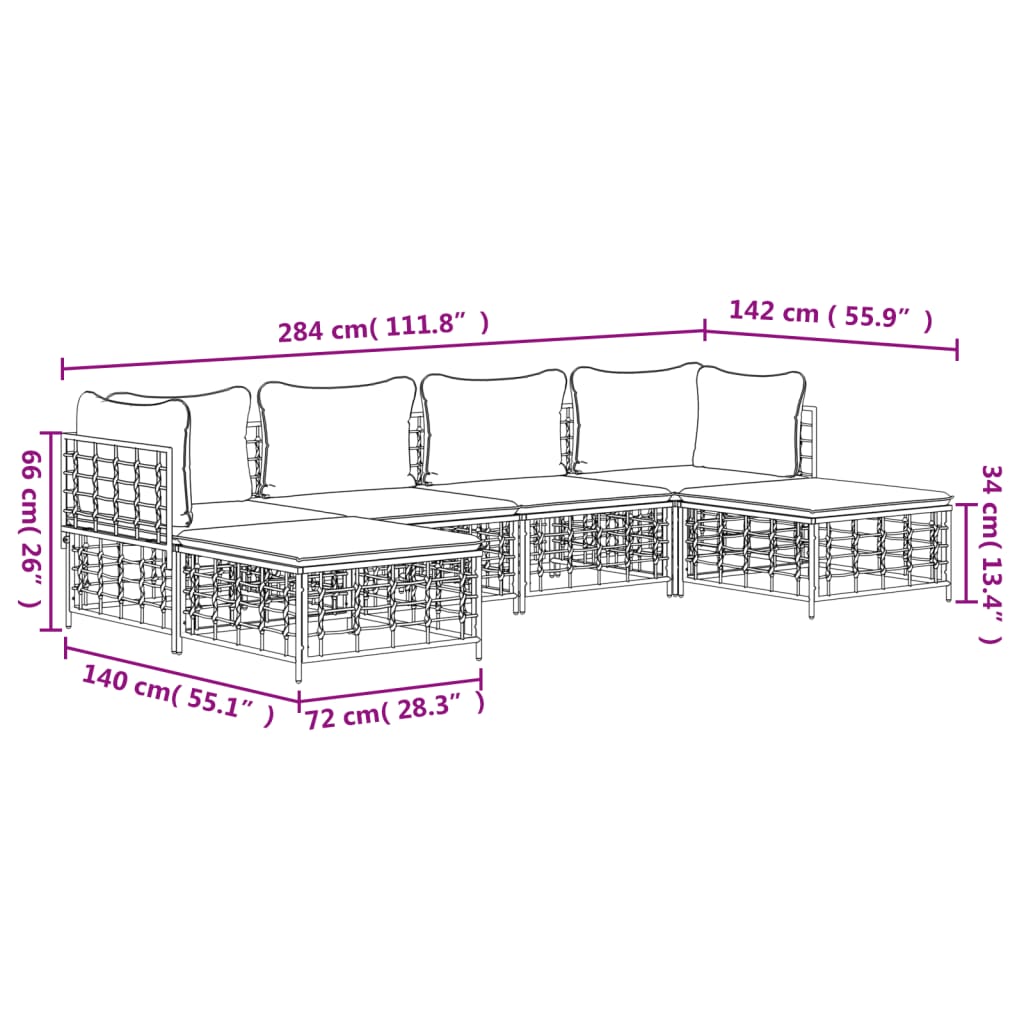 7-tlg. Garten-Lounge-Set mit Kissen Anthrazit Poly Rattan