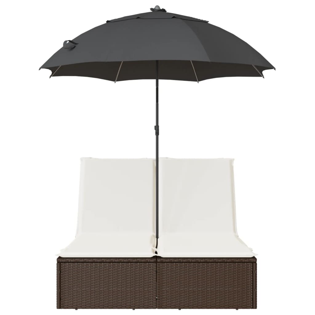 Doppel-Sonnenliege mit Kissen&Sonnenschirm Schwarz Poly Rattan