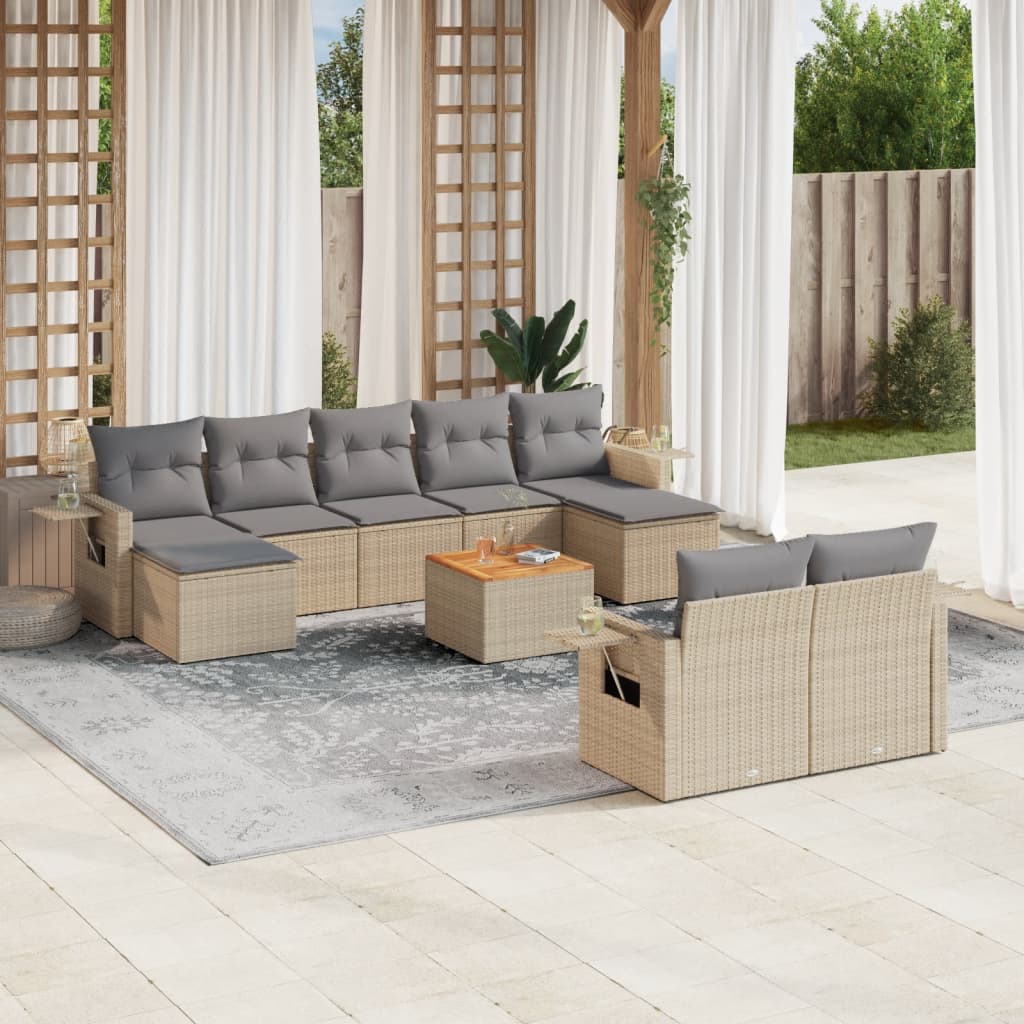 10-tlg. Garten-Sofagarnitur mit Kissen Schwarz Poly Rattan