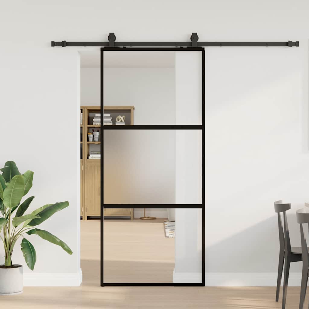 Schiebetür mit Beschlag Schwarz 76x205 cm Hartglas