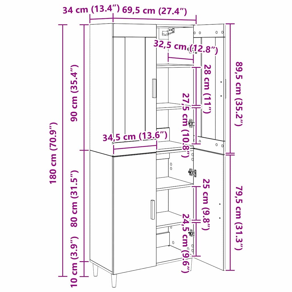 Highboard Altholz 69,5 x 34 x 180 cm Engineered Wood und Glas