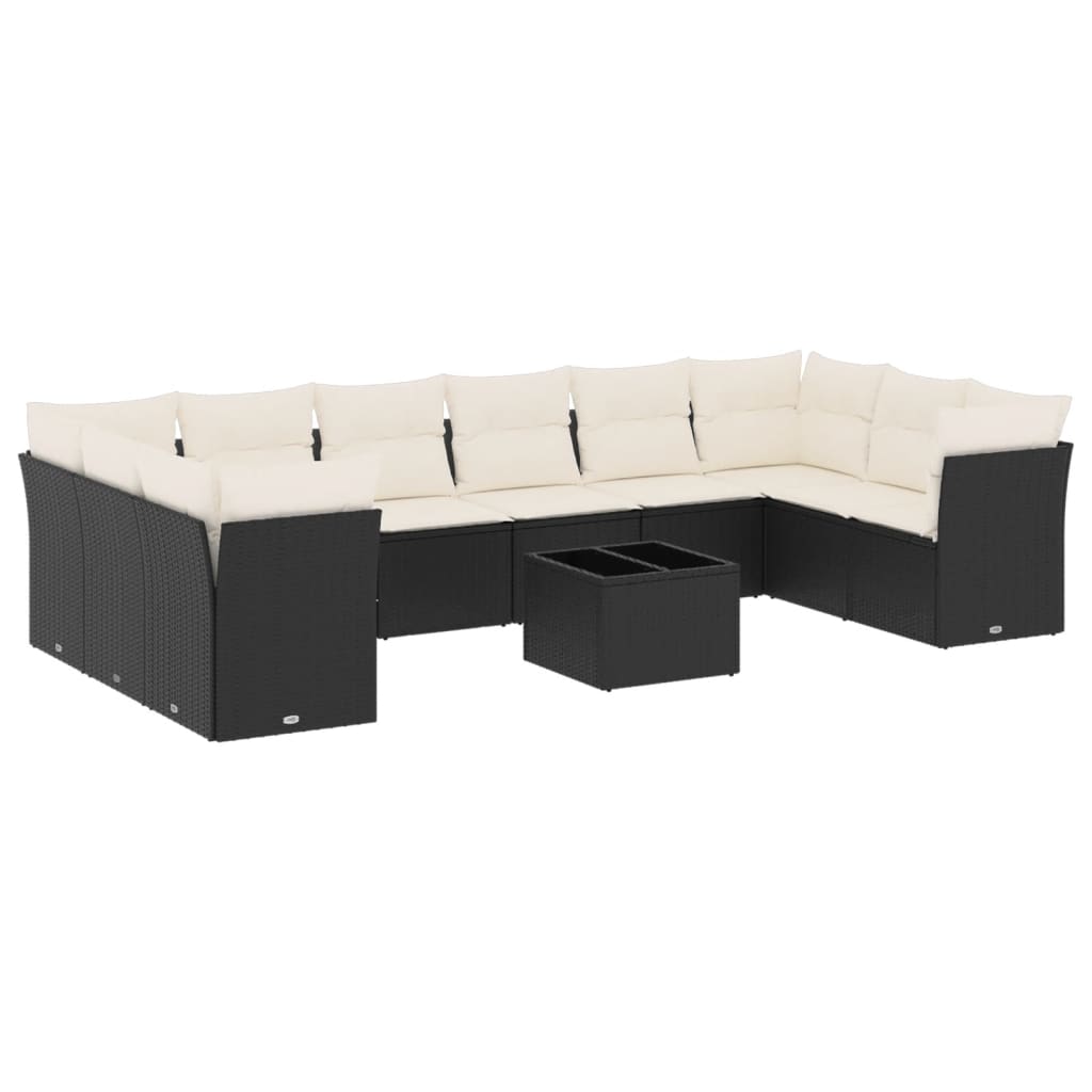 10-tlg. Garten-Sofagarnitur mit Kissen Schwarz Poly Rattan