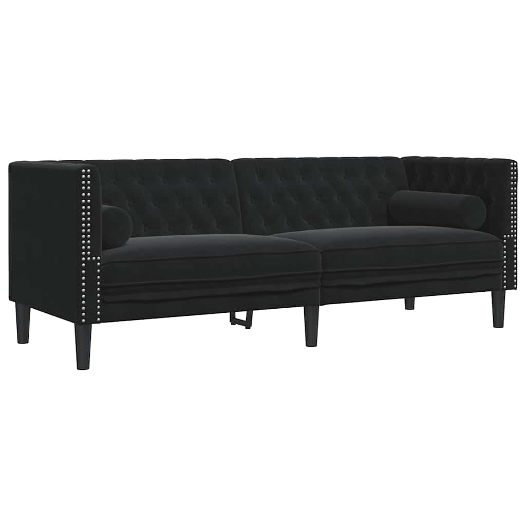 3-tlg. Chesterfield-Sofa-Set mit Nackenrollen Hellgrau Samt