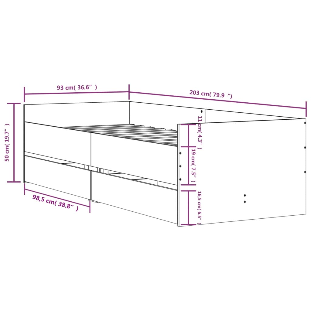 Bett mit Schubladen Braun Eiche-Optik 75x190 cm