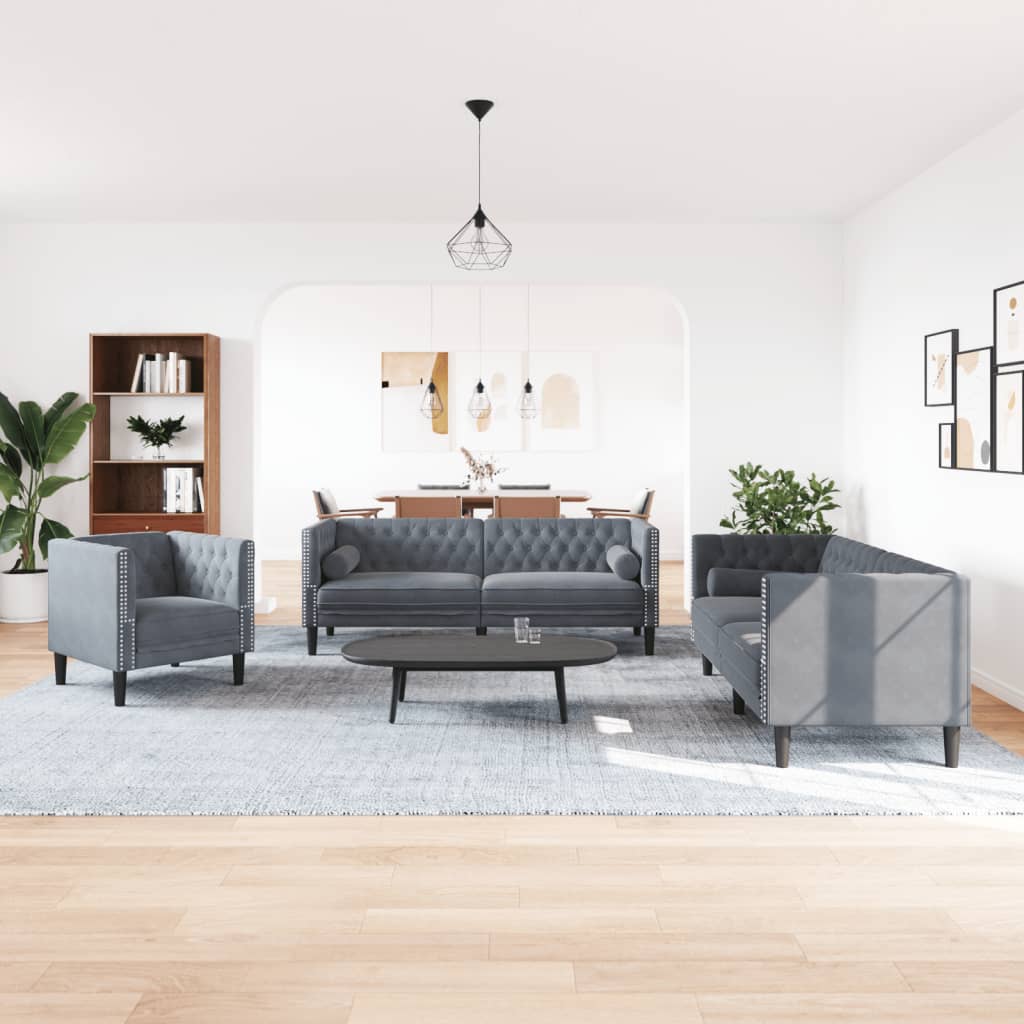 3-tlg. Chesterfield-Sofa-Set mit Nackenrollen Hellgrau Samt