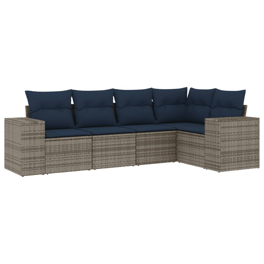 5-teiliges Gartensofa-Set mit Kissen, schwarzes Polyrattan