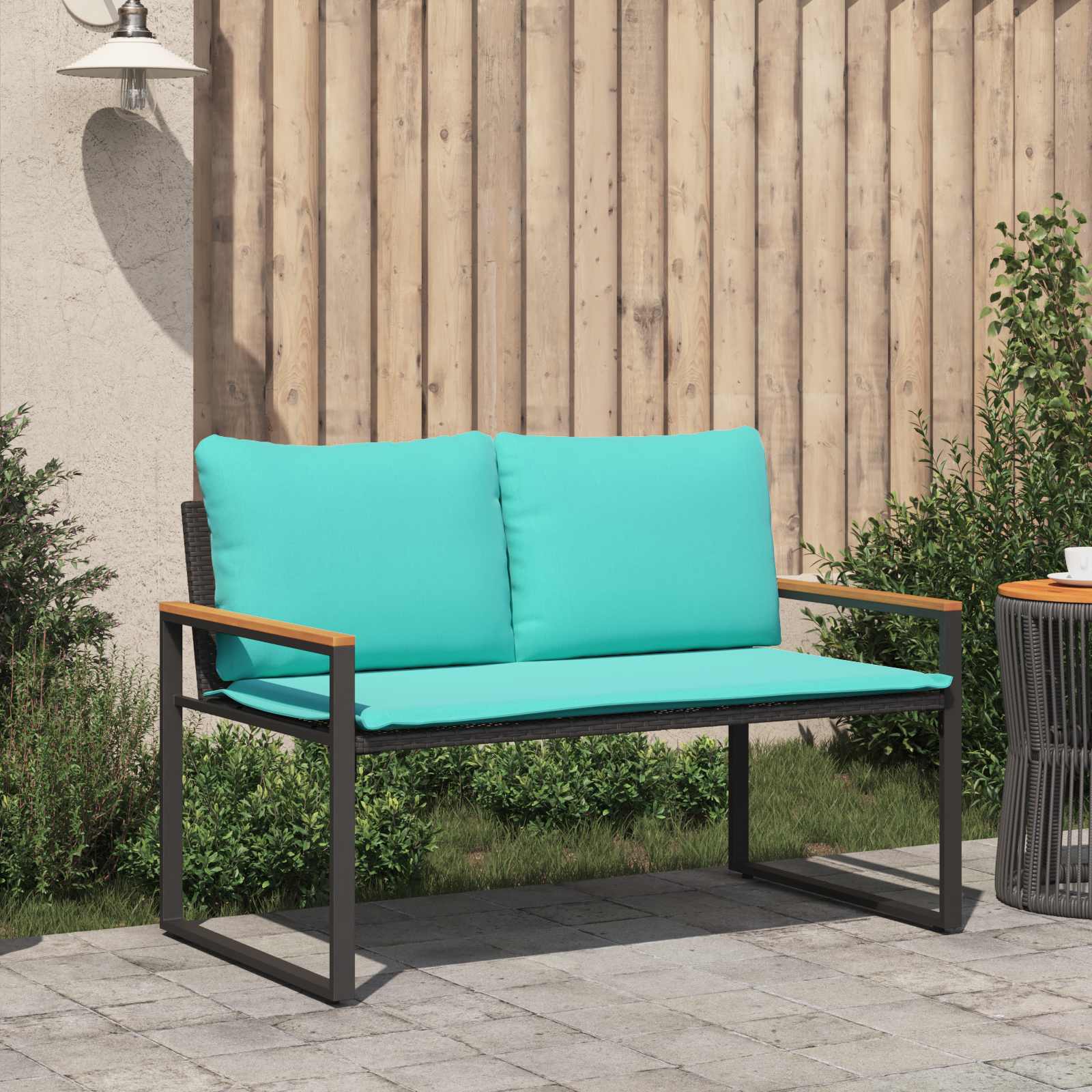 Bank mit Kissen Schwarz und Cremeweiß 115 x 65 x 72 cm Rattan