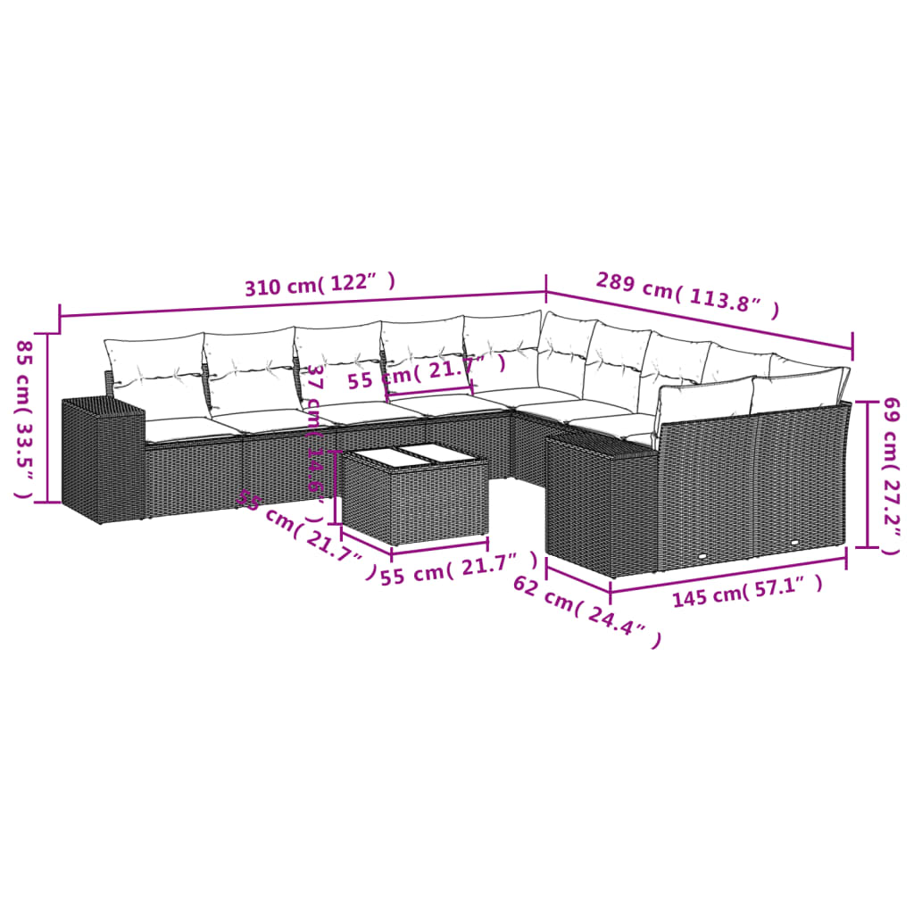 10-tlg. Garten-Sofagarnitur mit Kissen Schwarz Poly Rattan