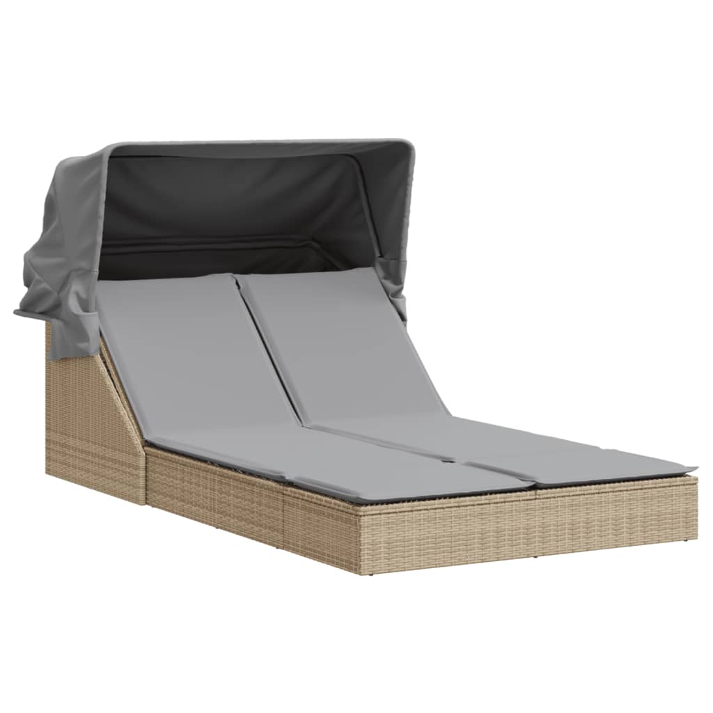 Doppel-Sonnenliege mit Dach und Auflagen Braun Poly Rattan