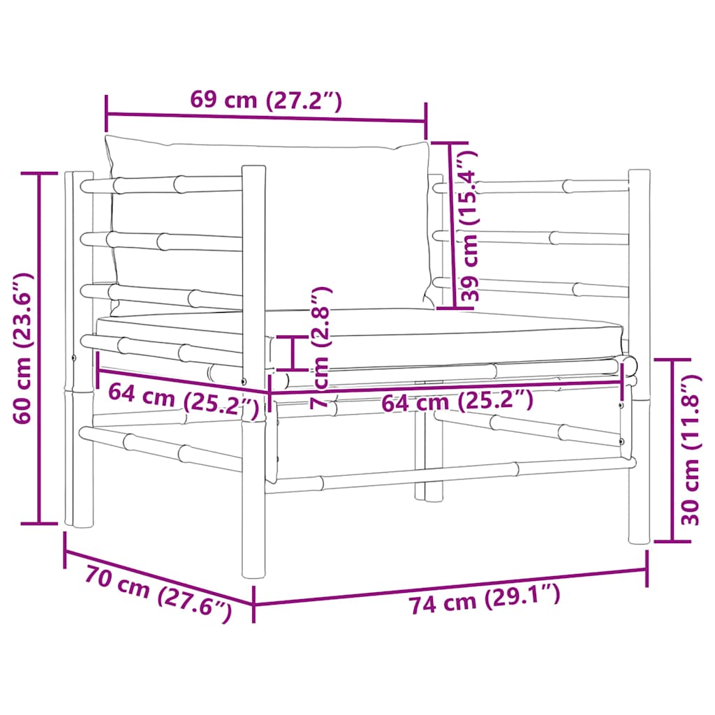 3-tlg. Garten-Lounge-Set mit Kissen Bambus