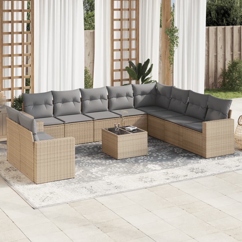 10-tlg. Garten-Sofagarnitur mit Kissen Schwarz Poly Rattan