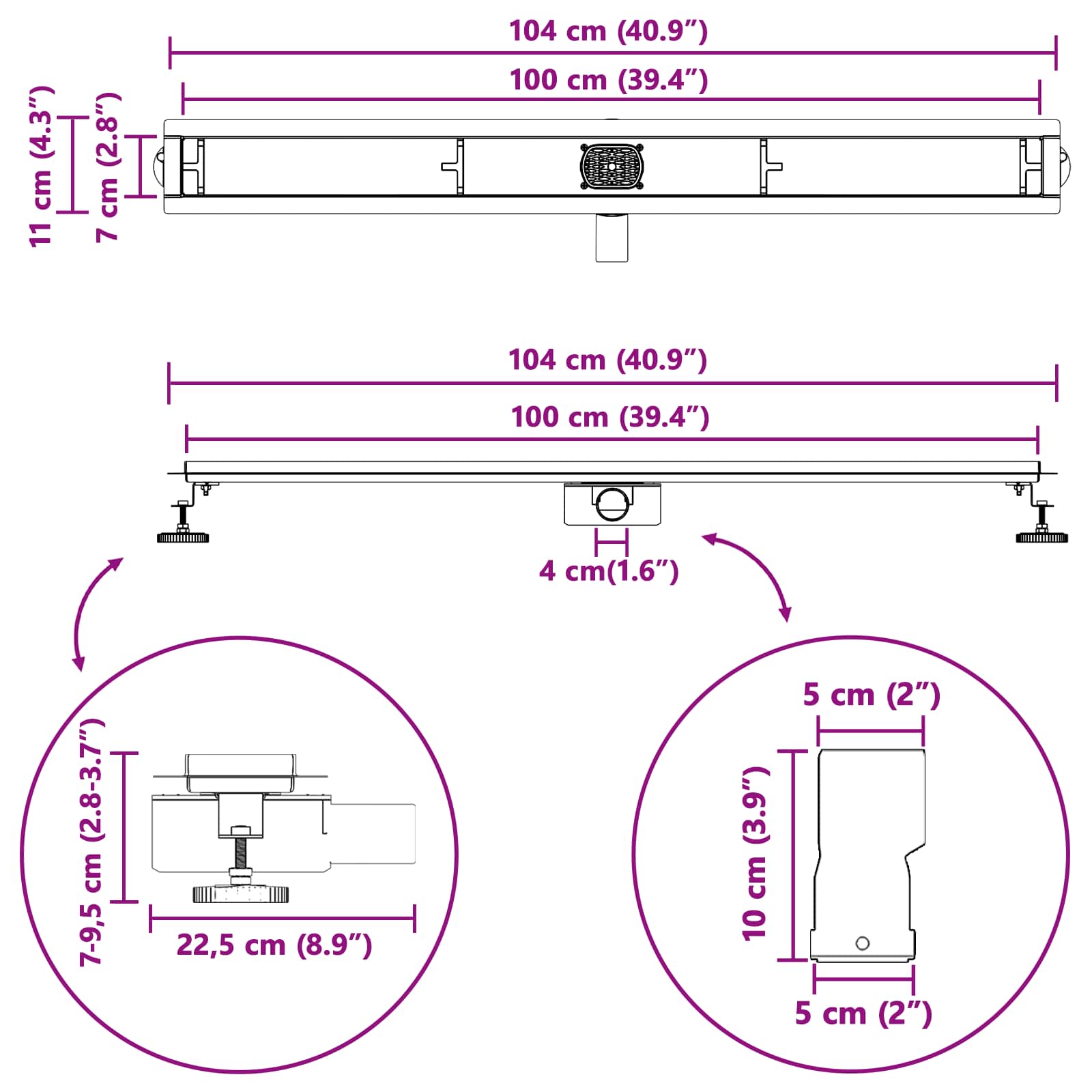 Duschabfluss mit Glashülle und 360° Siphon Schwarz 50 cm