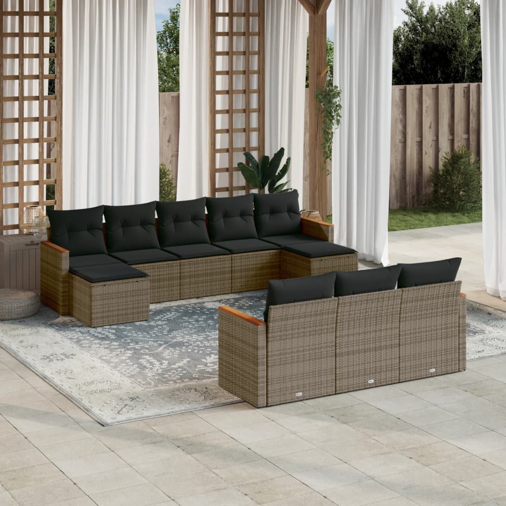 10-tlg. Garten-Sofagarnitur mit Kissen Schwarz Poly Rattan