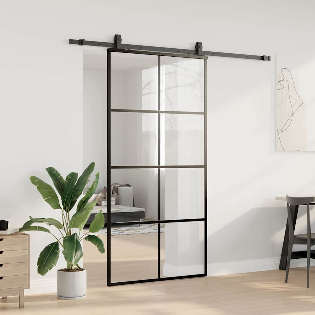 Schiebetür mit Beschlag Schwarz 76x205 cm ESG-Glas