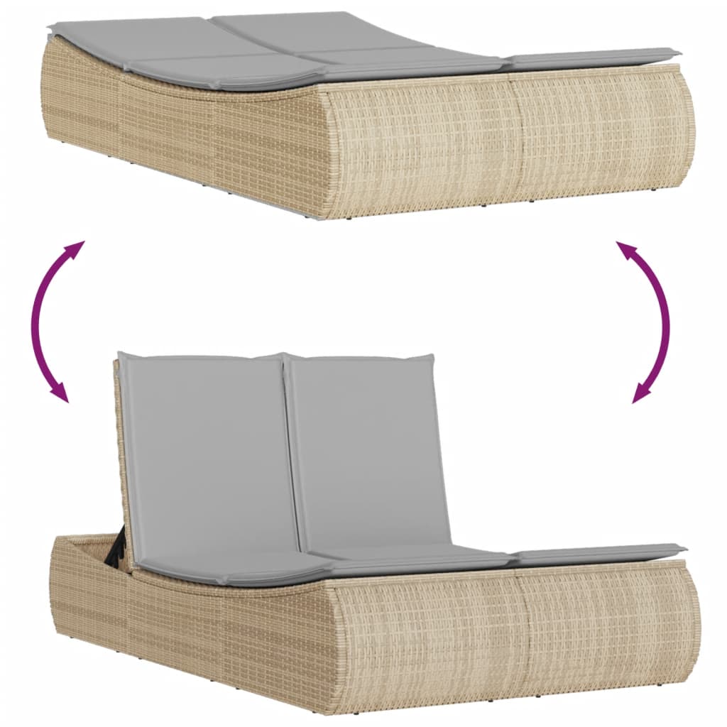 Doppel-Sonnenliege mit Kissen Schwarz Poly Rattan