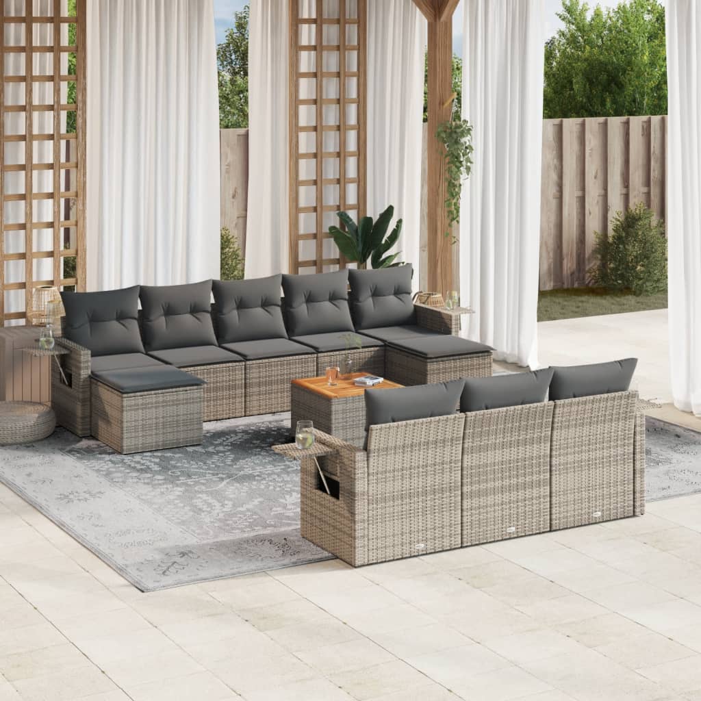 11-tlg. Garten-Sofagarnitur mit Kissen Schwarz Poly Rattan