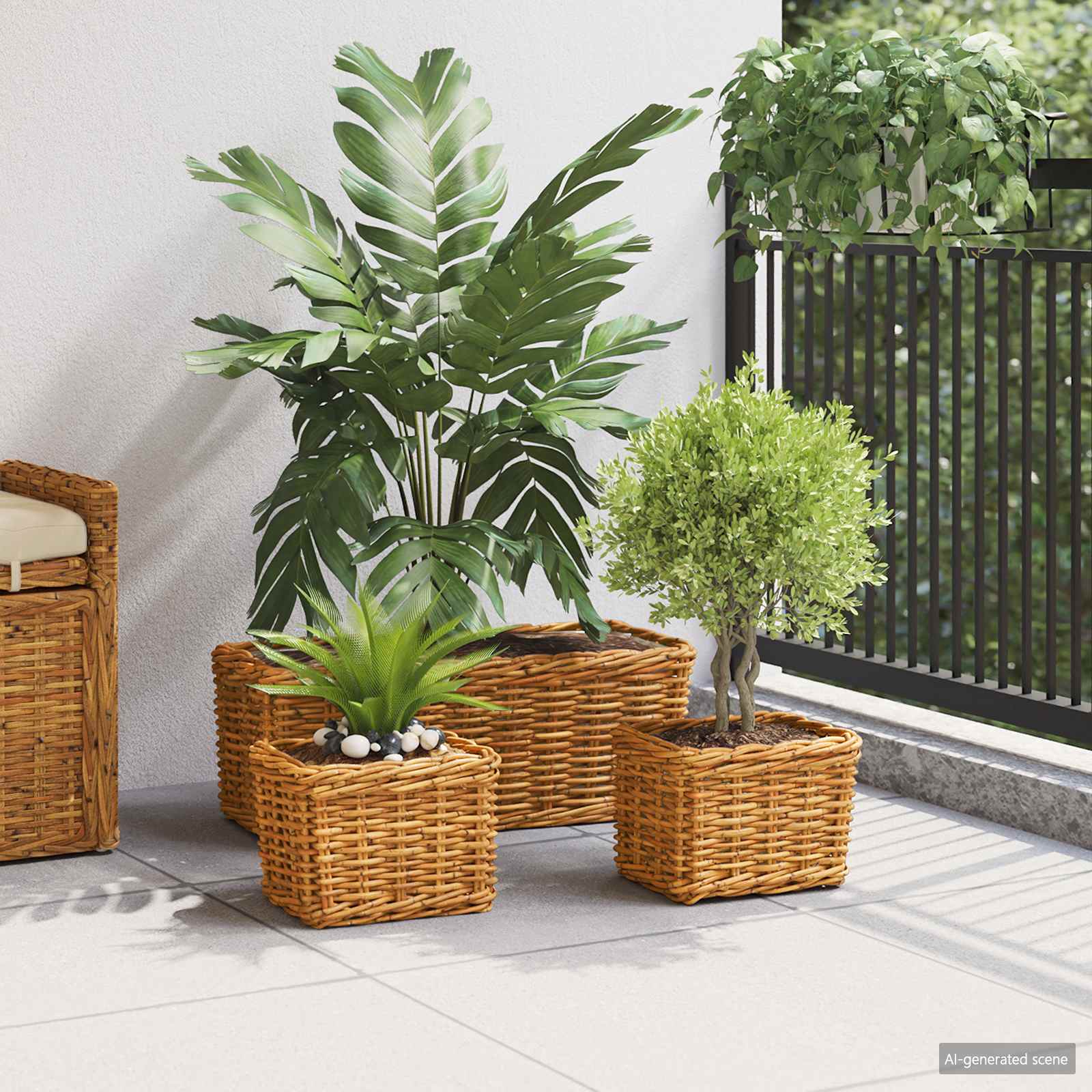 Blumentopfkorb mit Speicher 3 Stk. Natürliches Grau Kubu Rattan