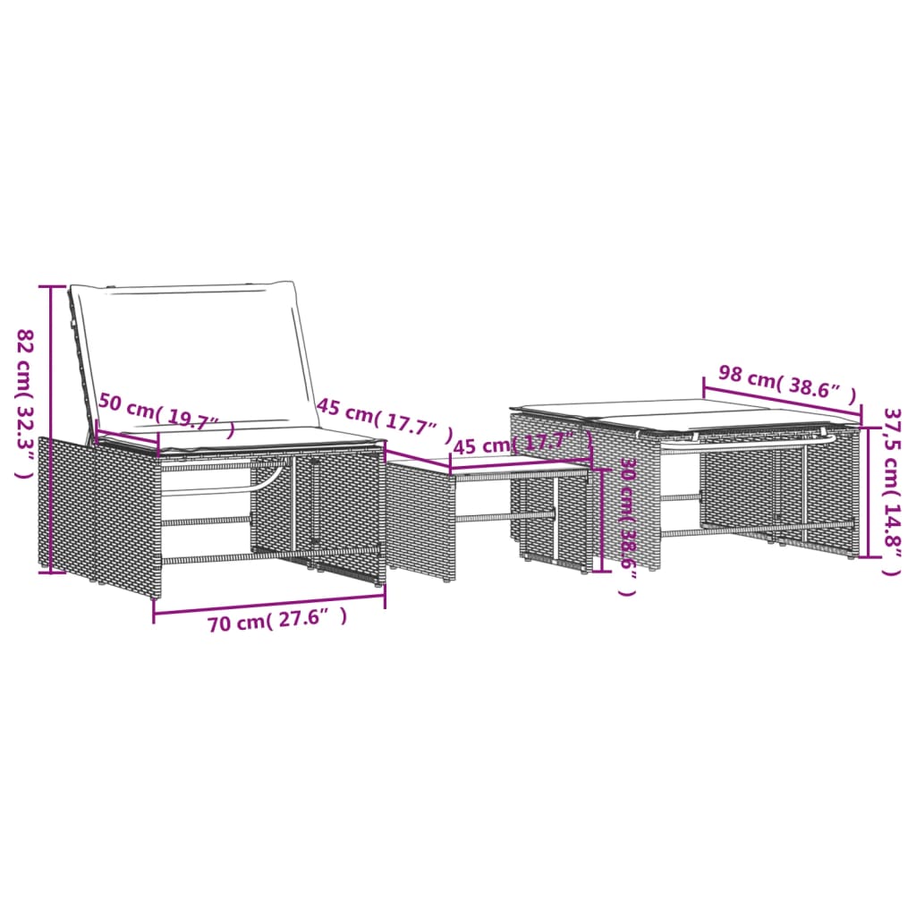 Modulare Sonnenliegen 2 Stk. mit Tisch Schwarz Poly Rattan