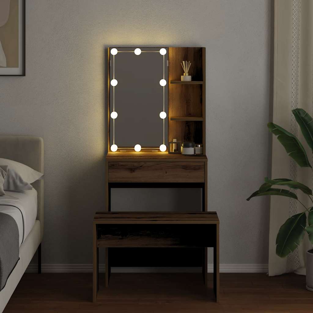 Schminktisch-Set mit LED Weiß Holzwerkstoff