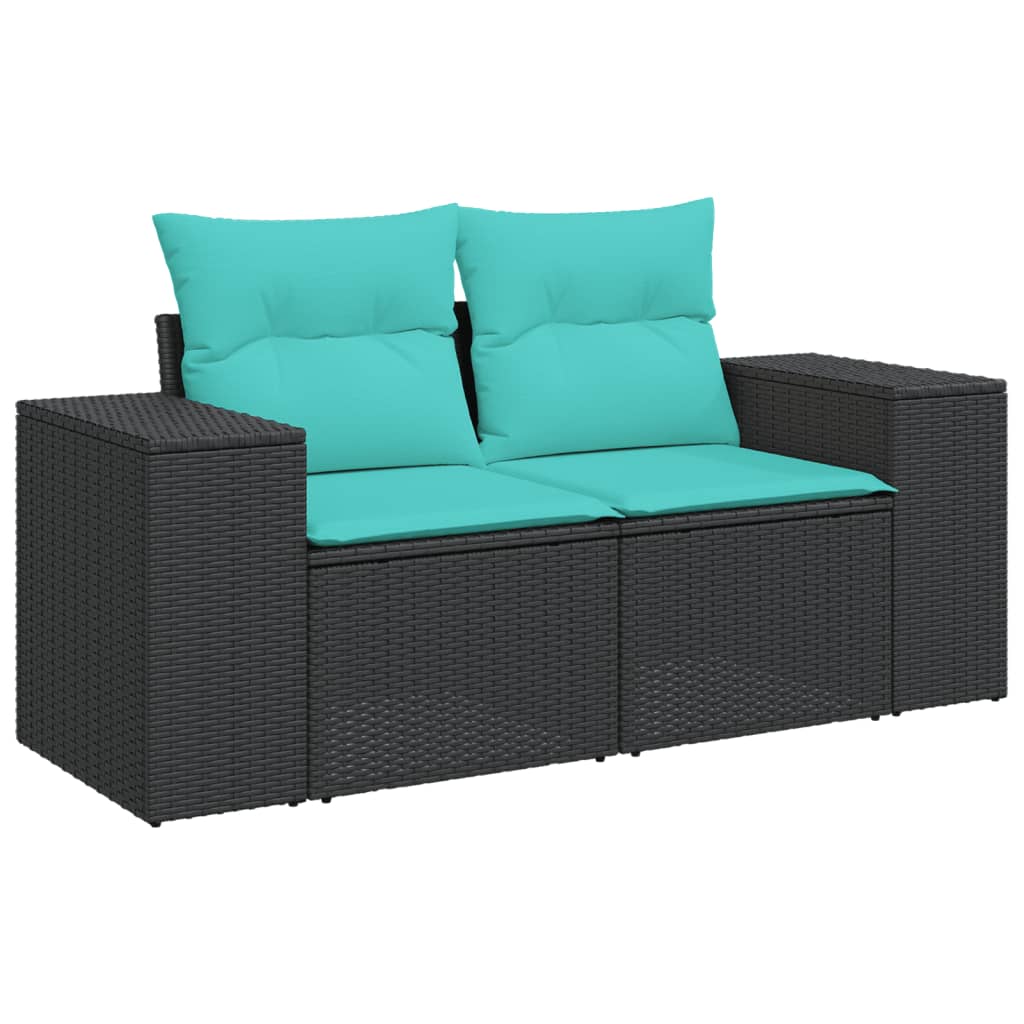 5-teiliges Gartensofa-Set mit Kissen, schwarzes Polyrattan