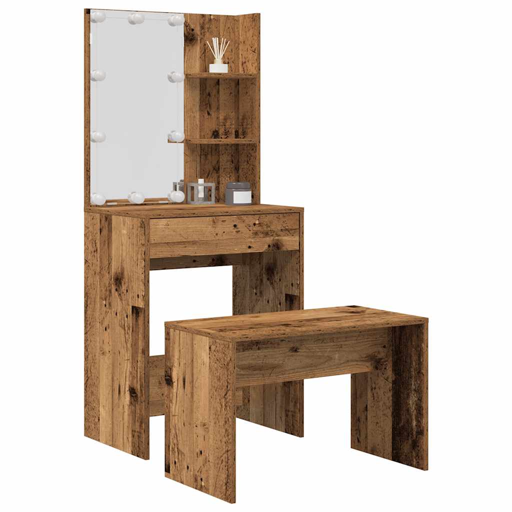 Schminktisch-Set mit LED Weiß Holzwerkstoff
