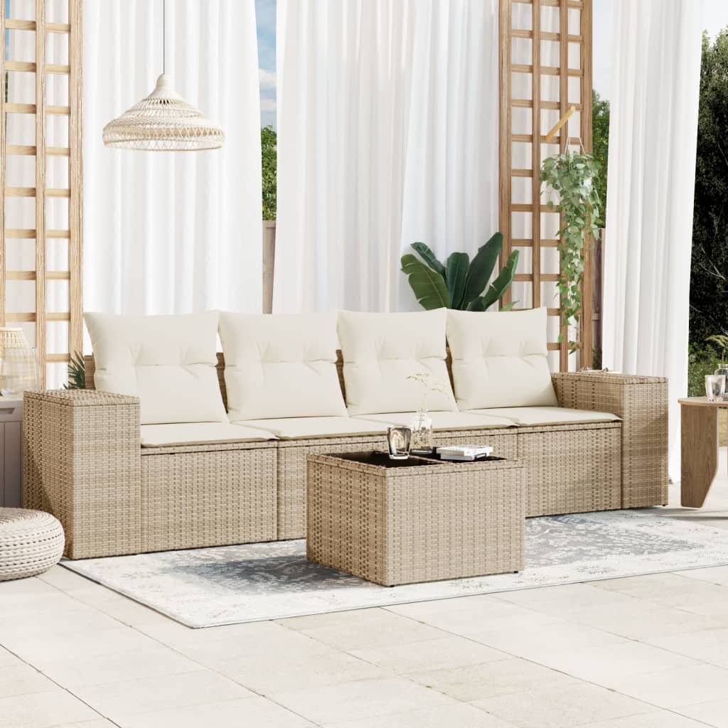 5-tlg. Garten-Sofagarnitur mit Kissen Schwarz Poly Rattan