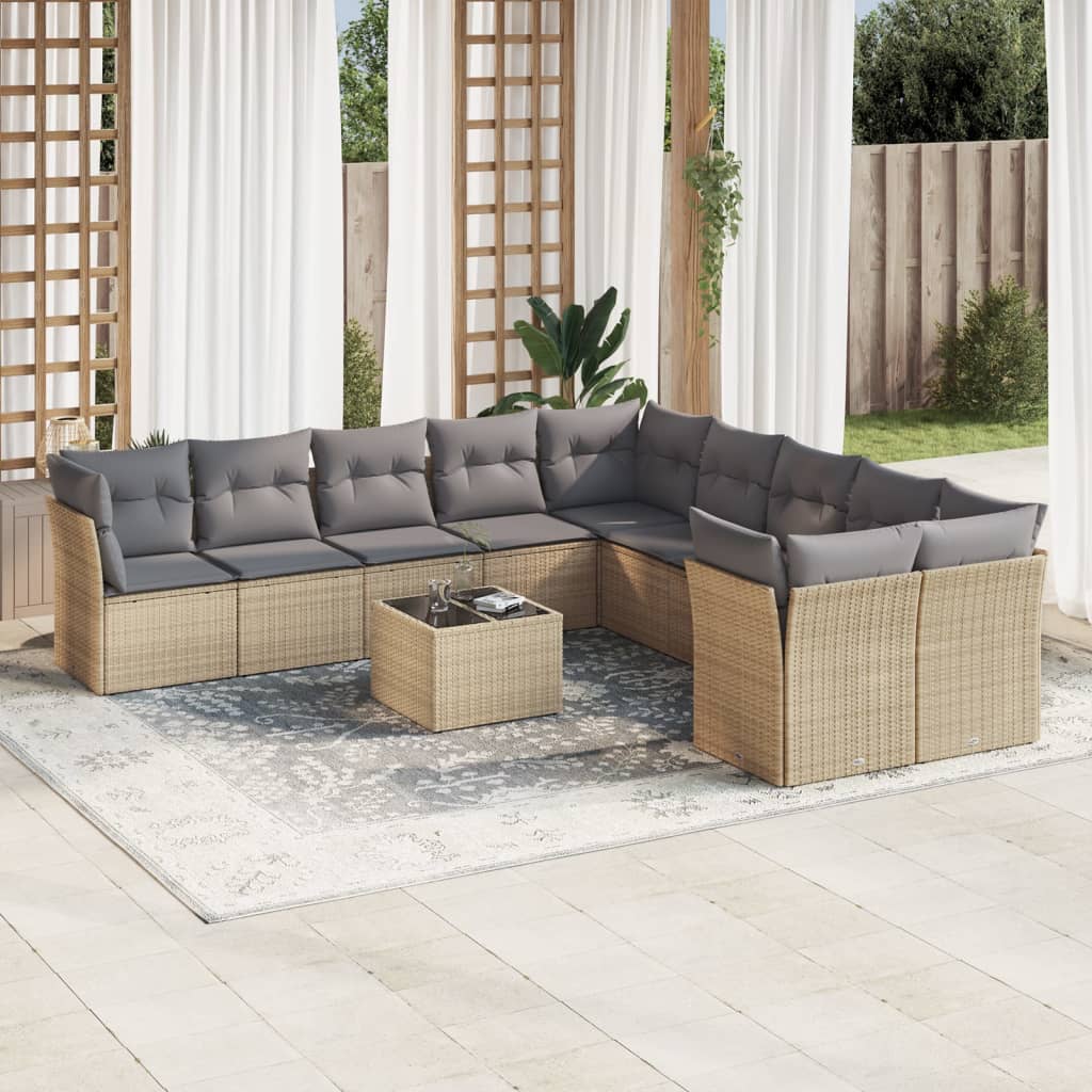 10-tlg. Garten-Sofagarnitur mit Kissen Schwarz Poly Rattan