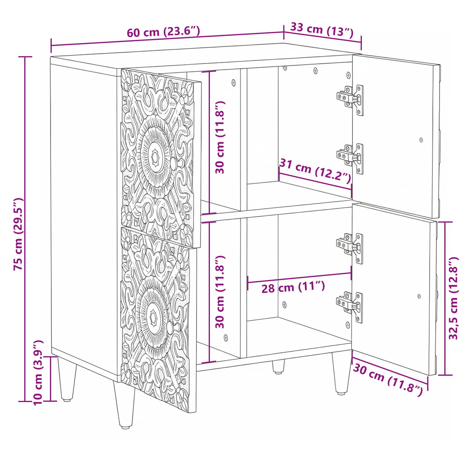 Sideboard mit Speicher Braun 60 x 33,5 x 75 cm Massivholz Mango