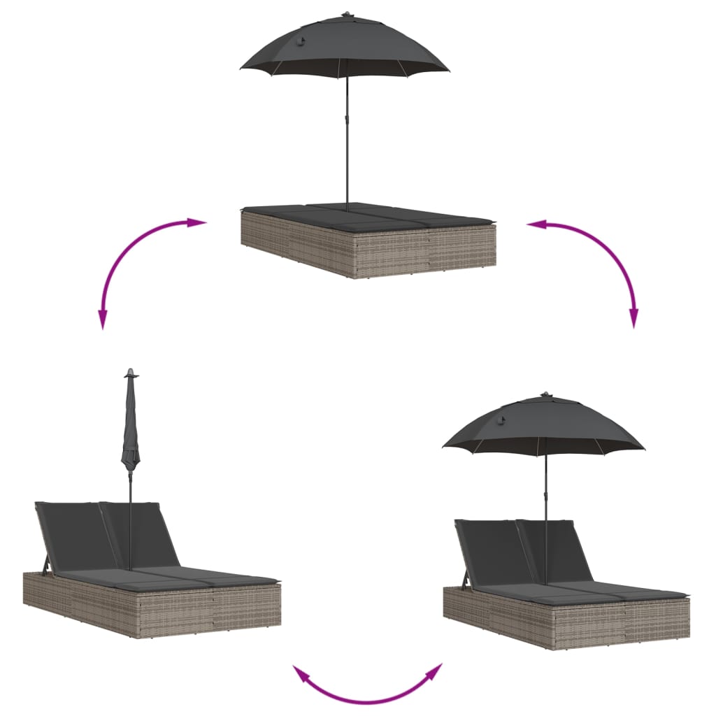 Doppel-Sonnenliege mit Kissen&Sonnenschirm Schwarz Poly Rattan