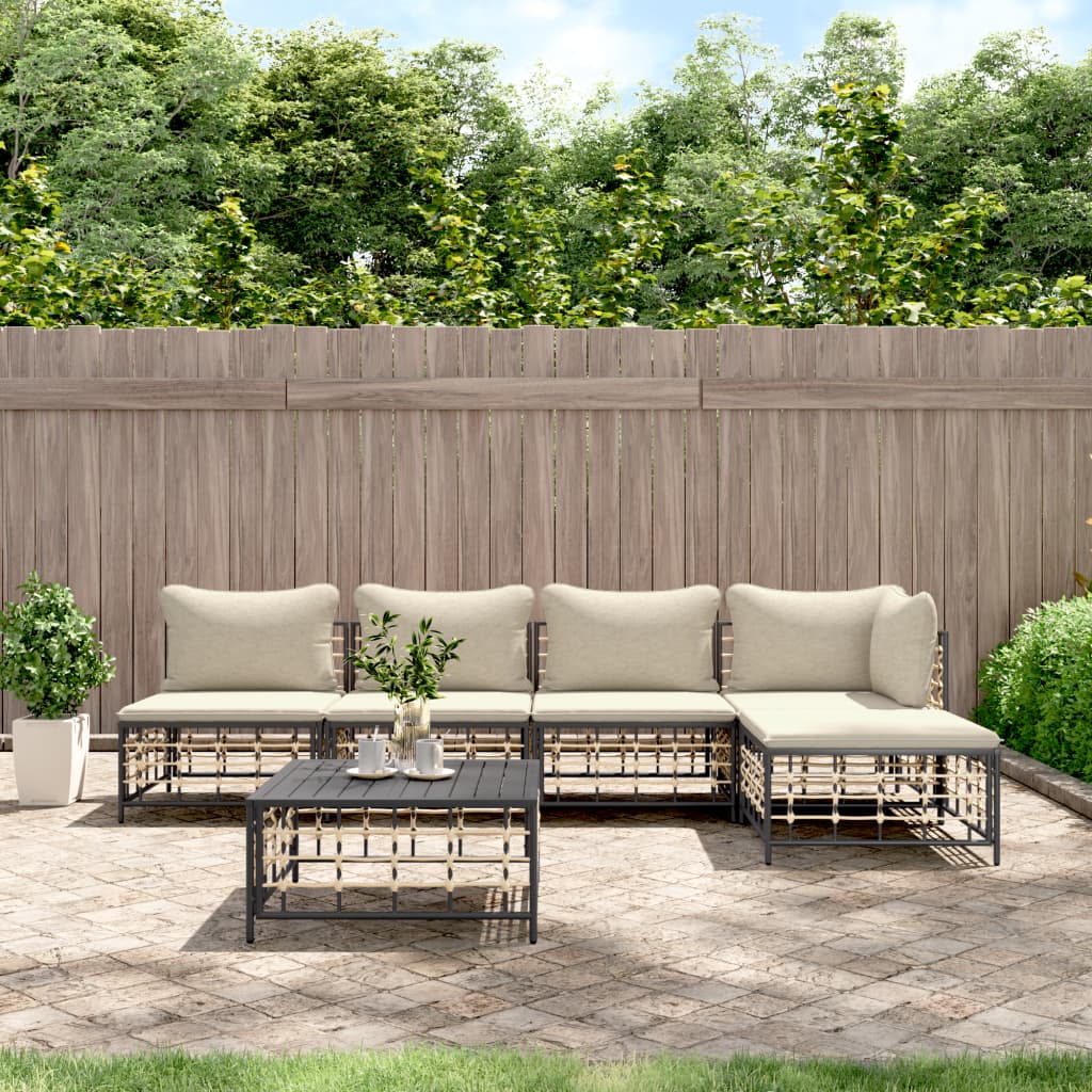 5-tlg. Garten-Lounge-Set mit Kissen Anthrazit Poly Rattan