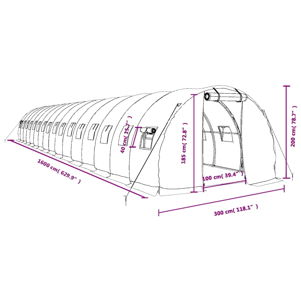 Gewächshaus mit Stahlrahmen Grün 48 m² 16x3x2 m