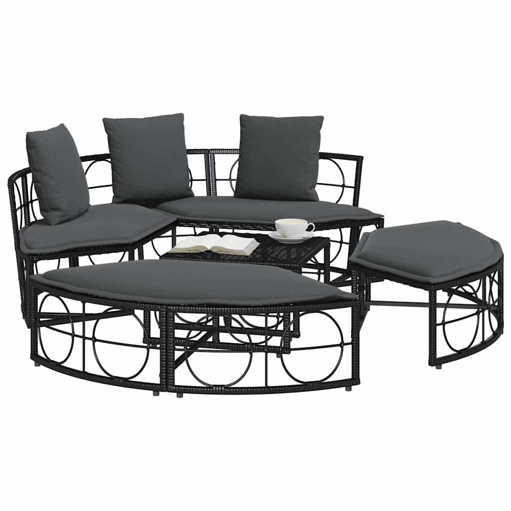 Outdoor-Loungebett mit Dach und Kissen Schwarz Poly Rattan