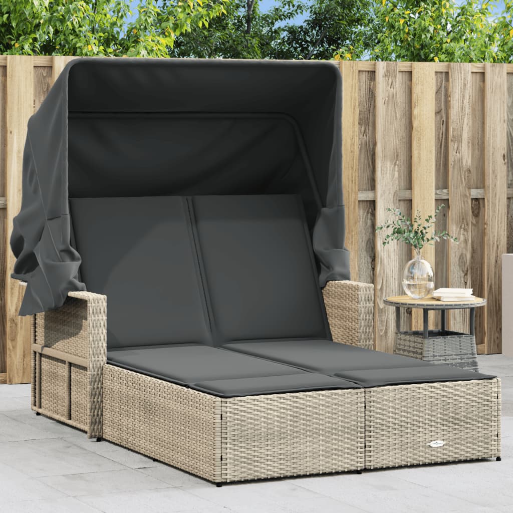 Doppel-Sonnenliege mit Dach und Auflagen Schwarz Poly Rattan