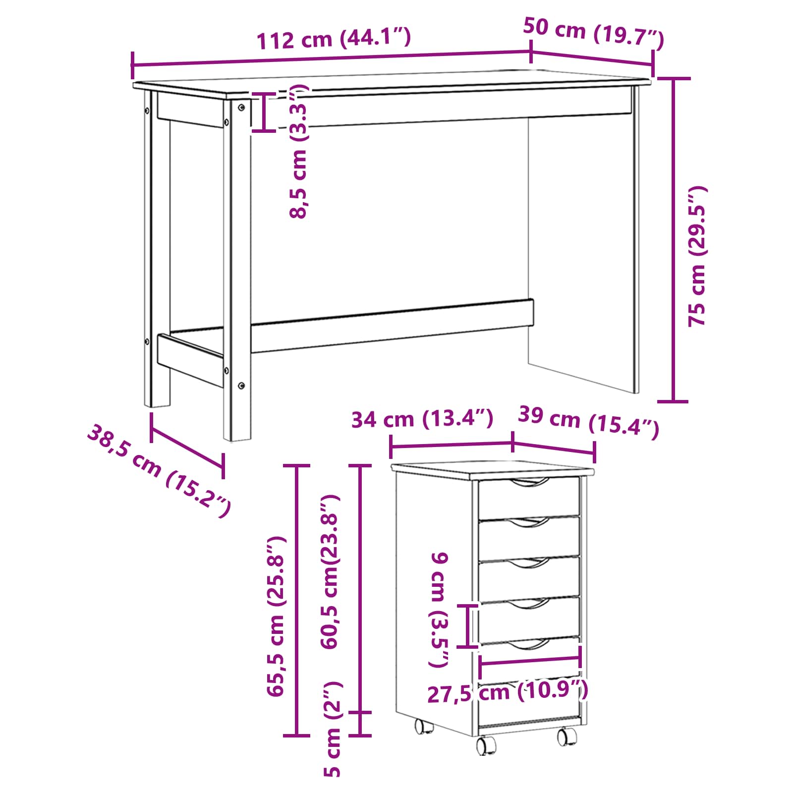 Desk und Rolling Cabinet Set MOSS 2 pcs Honigbraun