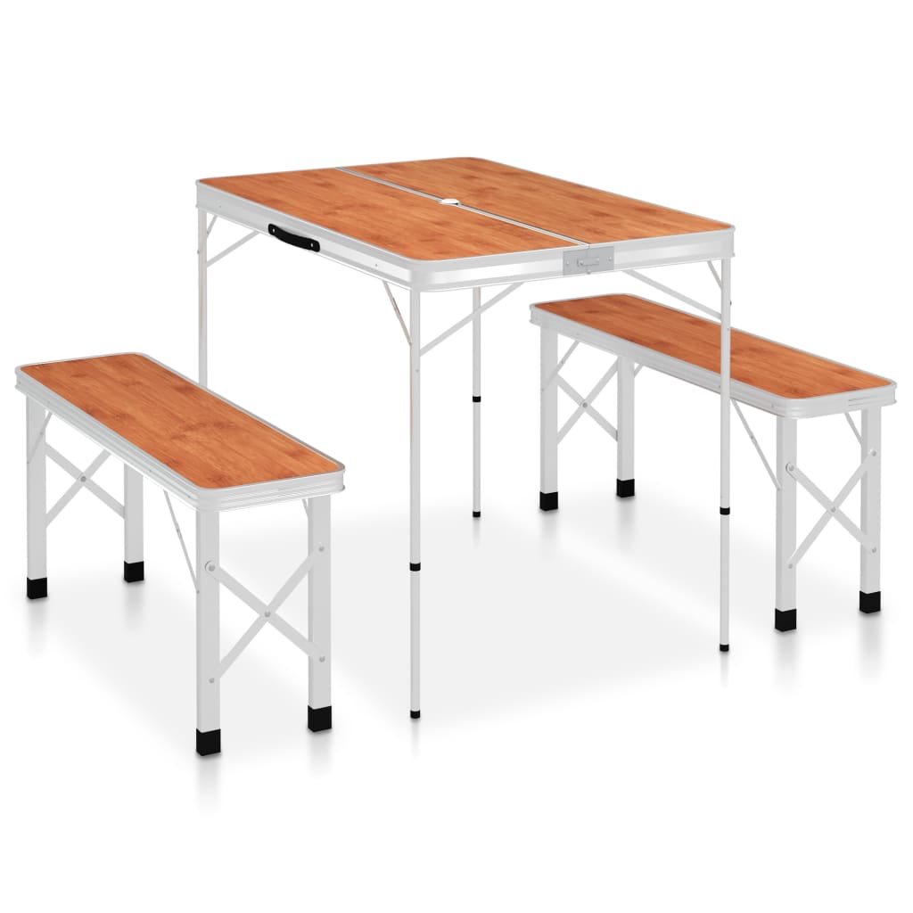 Klappbarer Campingtisch mit 2 Sitzbänken Aluminium Weiß