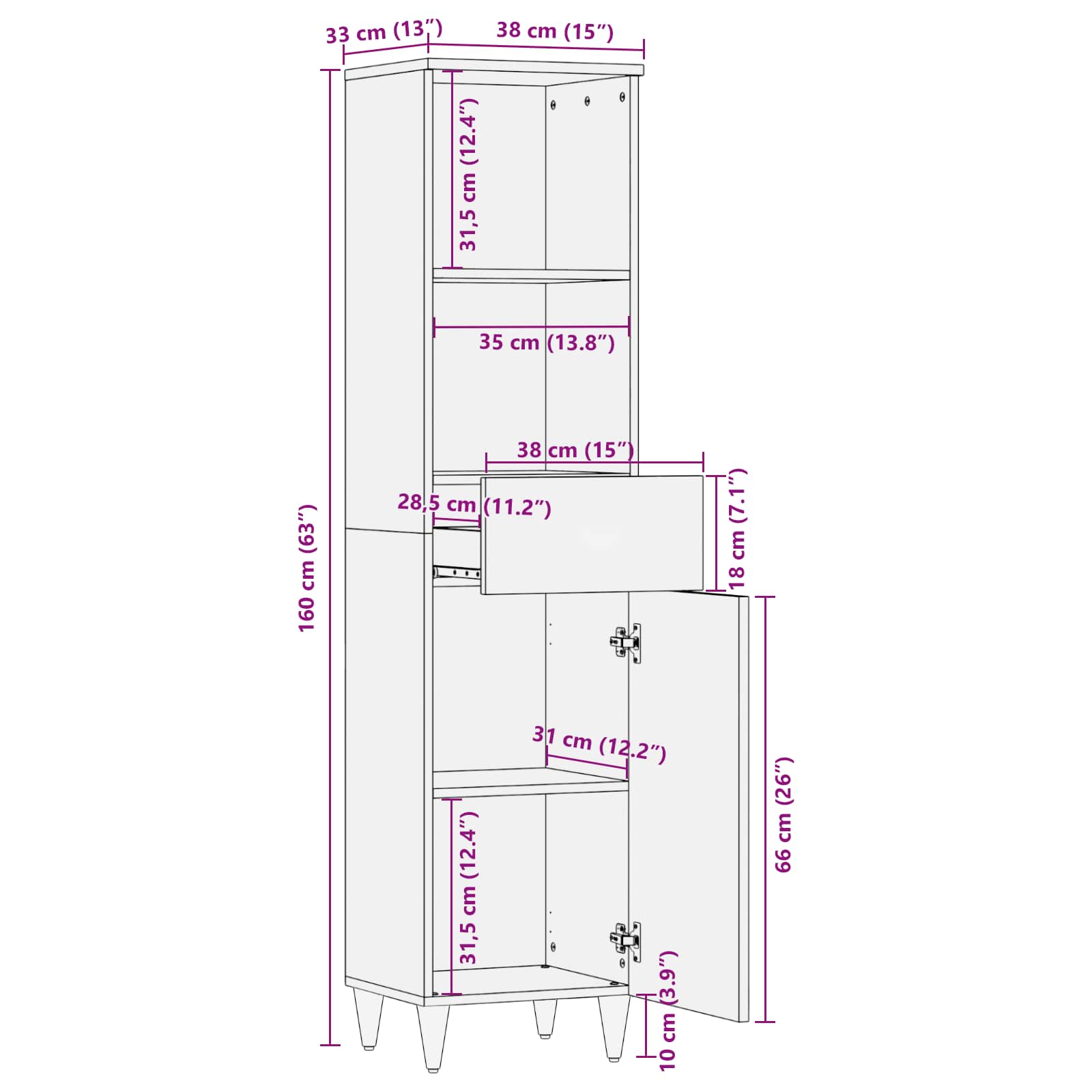 Badezimmerschrank Grau 38 x 33 x 160 cm Massivholz Mango