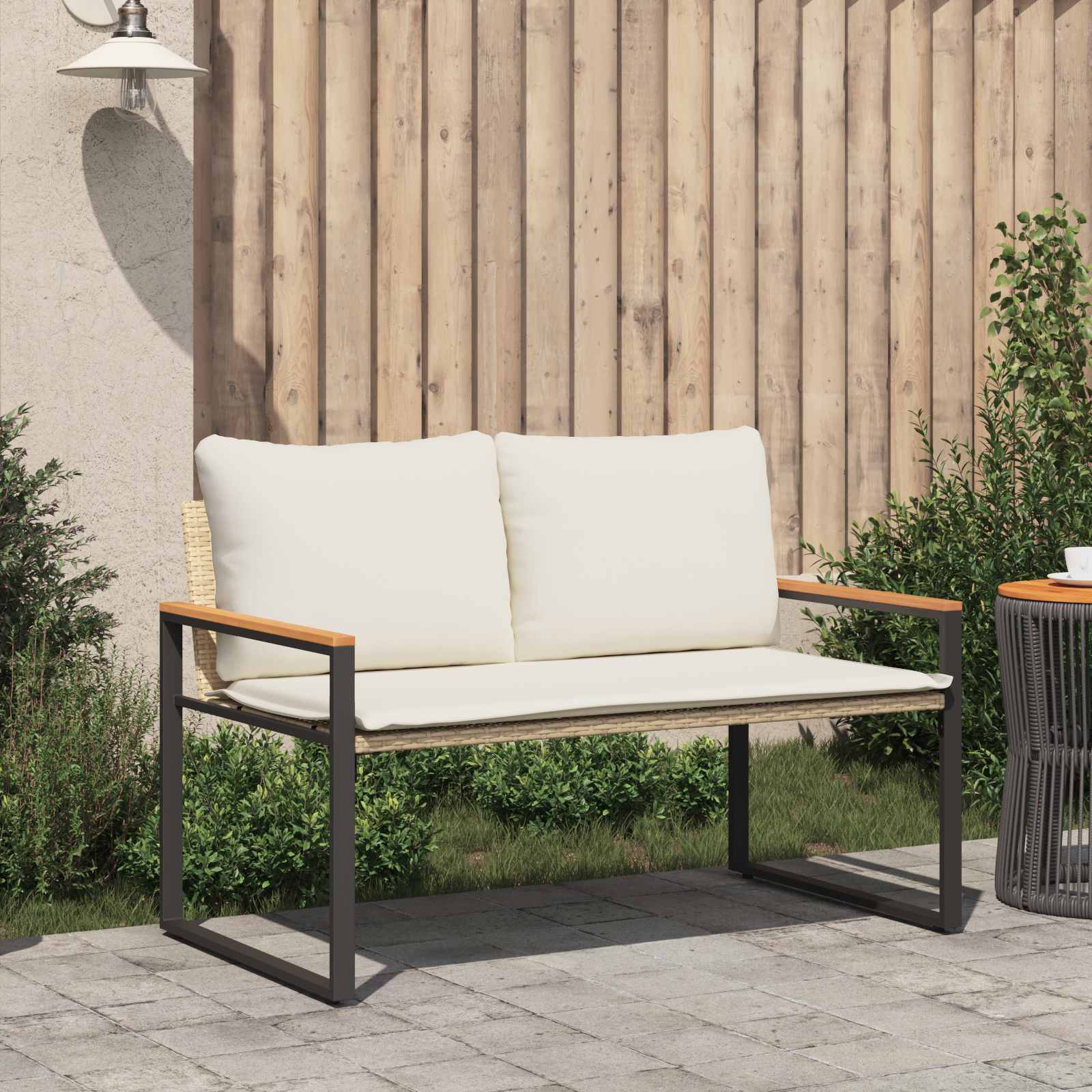 Bank mit Kissen Schwarz und Cremeweiß 115 x 65 x 72 cm Rattan
