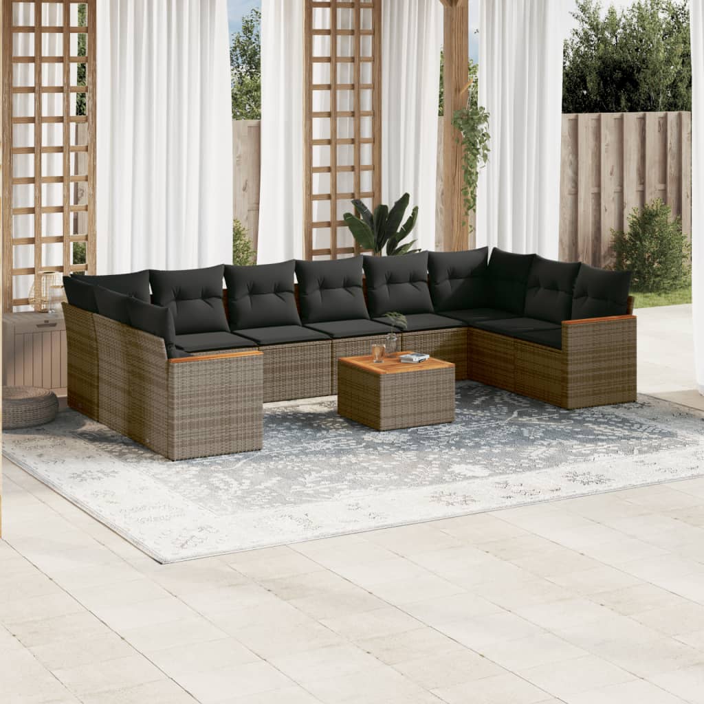10-tlg. Garten-Sofagarnitur mit Kissen Schwarz Poly Rattan