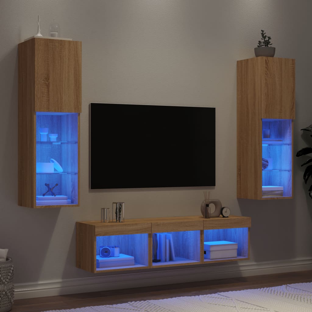 5-tlg. Wohnwand mit LED-Beleuchtung Weiß Holzwerkstoff