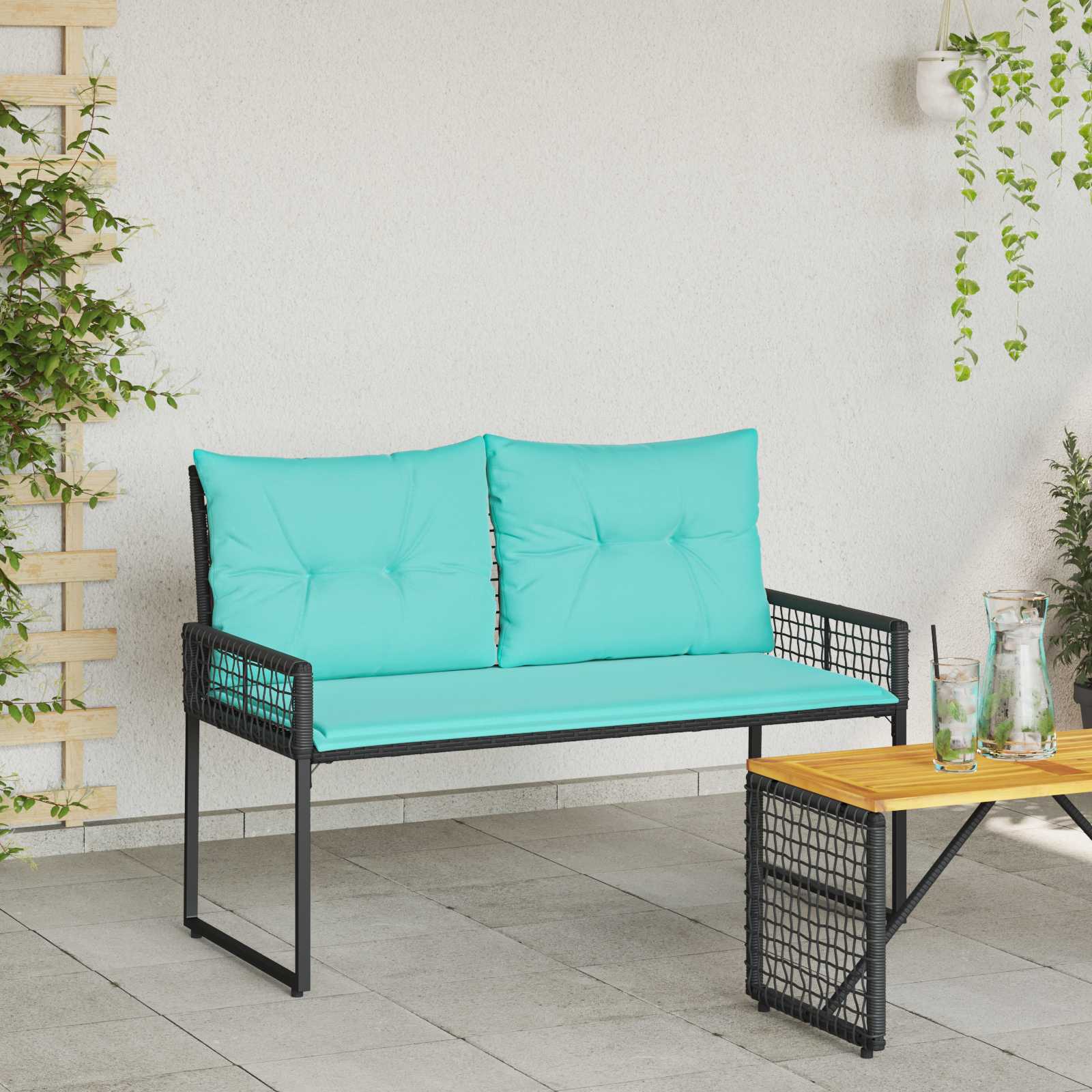 Bank Outdoor mit Kissen Schwarz und Cremeweiß 118 x 55 x 82 cm