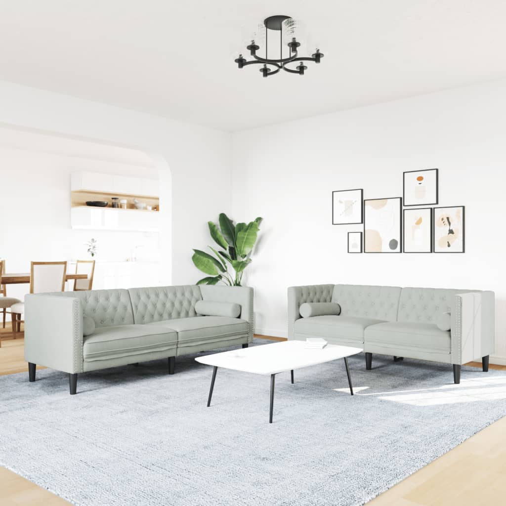3-tlg. Chesterfield-Sofa-Set mit Nackenrollen Hellgrau Samt
