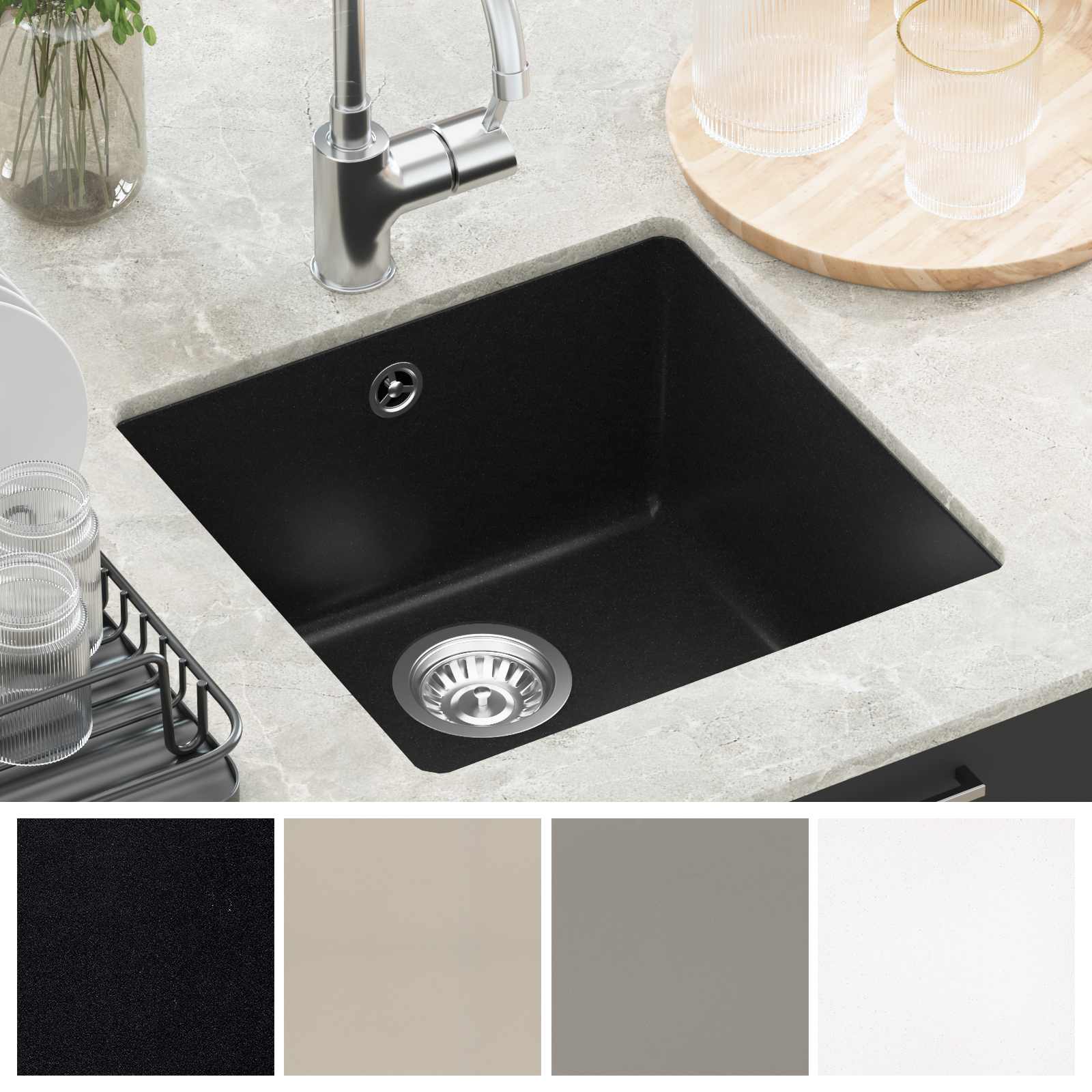 Waschbecken Schwarz 370 x 460 mm 80% Quarz und 20% Harz