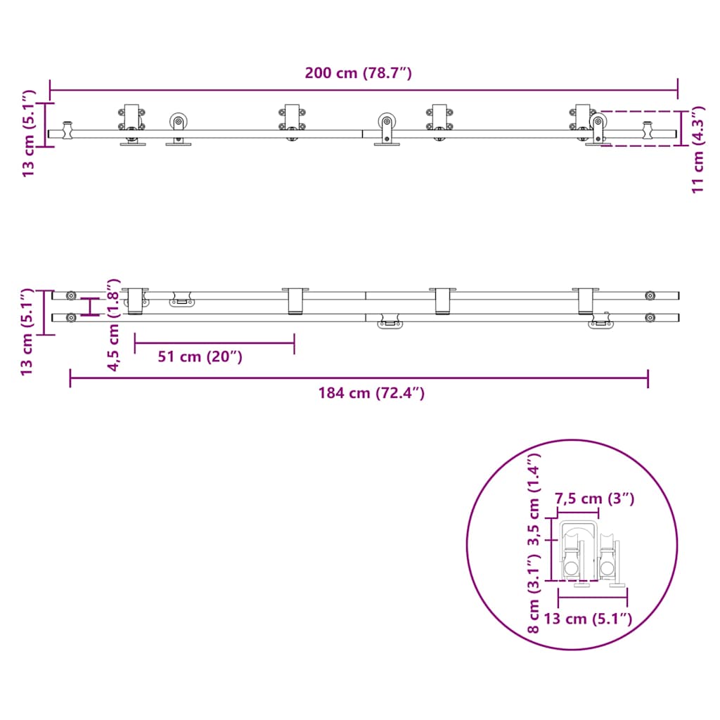 Schiebetür-Beschlagsatz 200 cm Edelstahl Silbern
