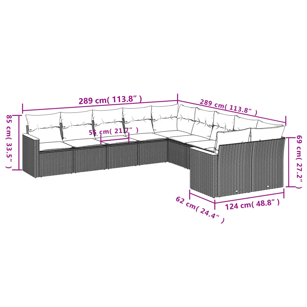 10-teiliges Gartensofa-Set mit Kissen, schwarzes Polyrattan