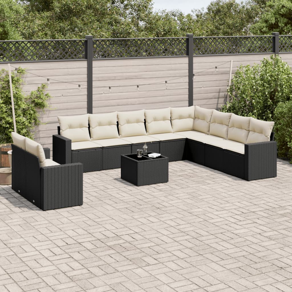 10-tlg. Garten-Sofagarnitur mit Kissen Schwarz Poly Rattan