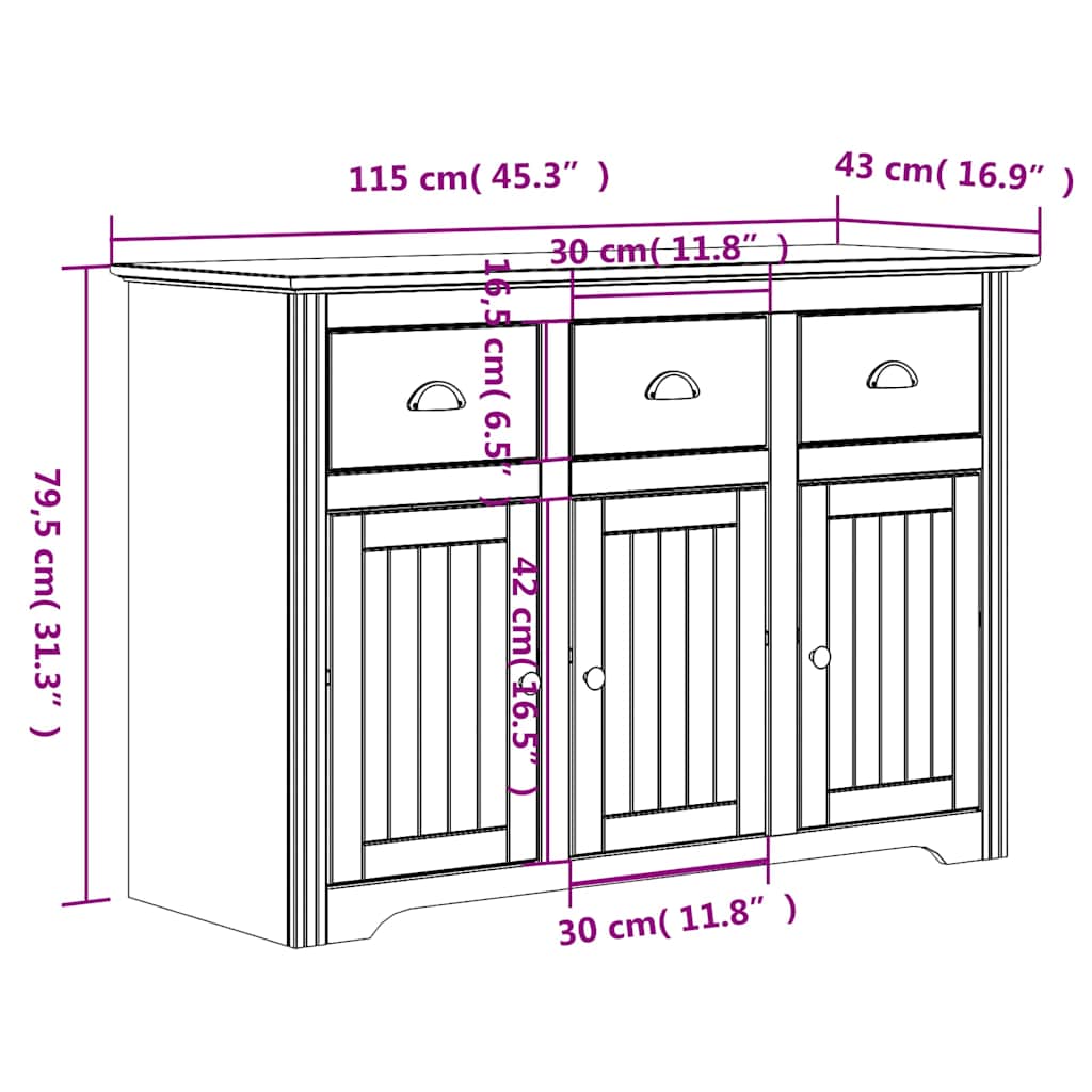 Highboard BODO Grau 115,5x43x200,5 cm Massivholz Kiefer