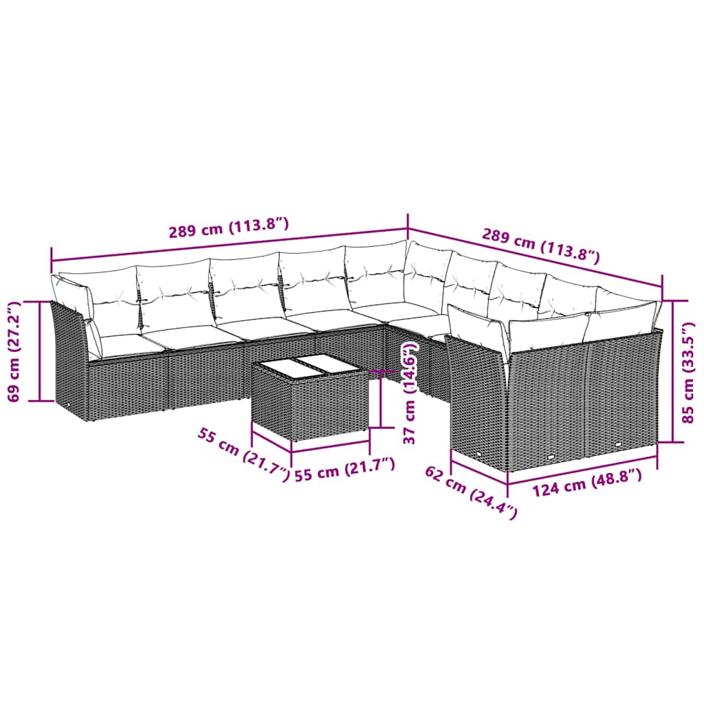 10-tlg. Garten-Sofagarnitur mit Kissen Schwarz Poly Rattan