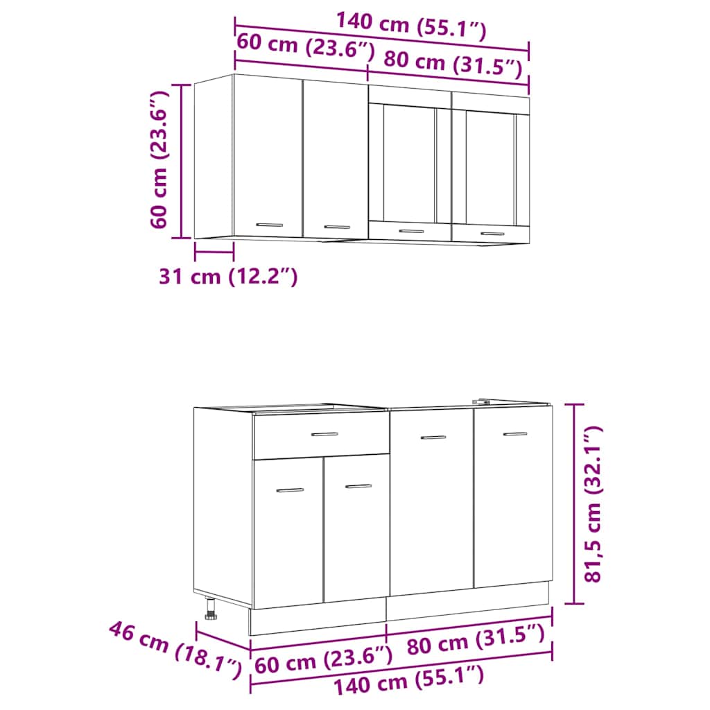 4-tlg. Küchenzeile Lyon Weiß Holzwerkstoff