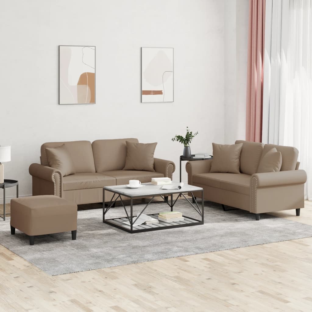 3-tlg. Sofagarnitur mit Kissen Creme Kunstleder