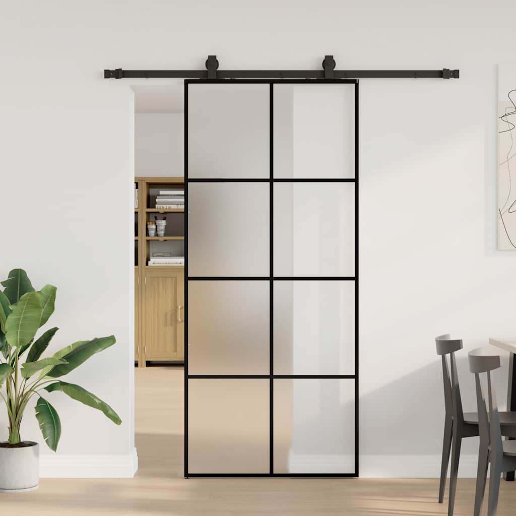 Schiebetür mit Beschlag Schwarz 76x205 cm ESG-Glas